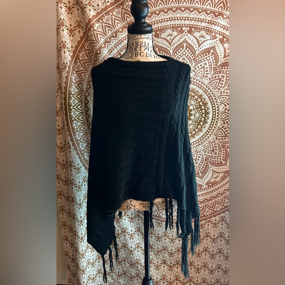 Lildy Black Boho Crochet Fringe Shawl Wrap OS